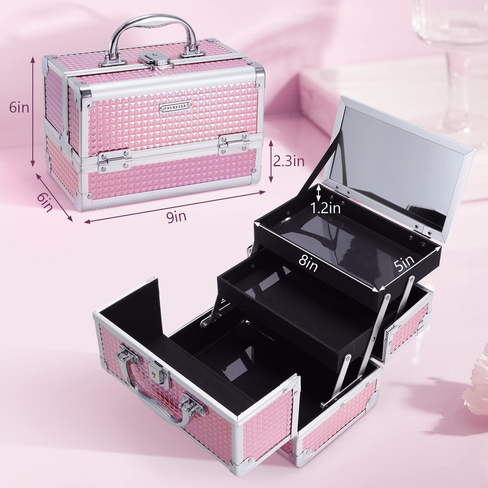 FRENESSA Professional Makeup Train Case - Large Cosmetic Organizer with 2 Removable Trays, Lockable Mirror & Glitter Pink Design | Perfect for Travel, Salon, or Home Beauty Storage