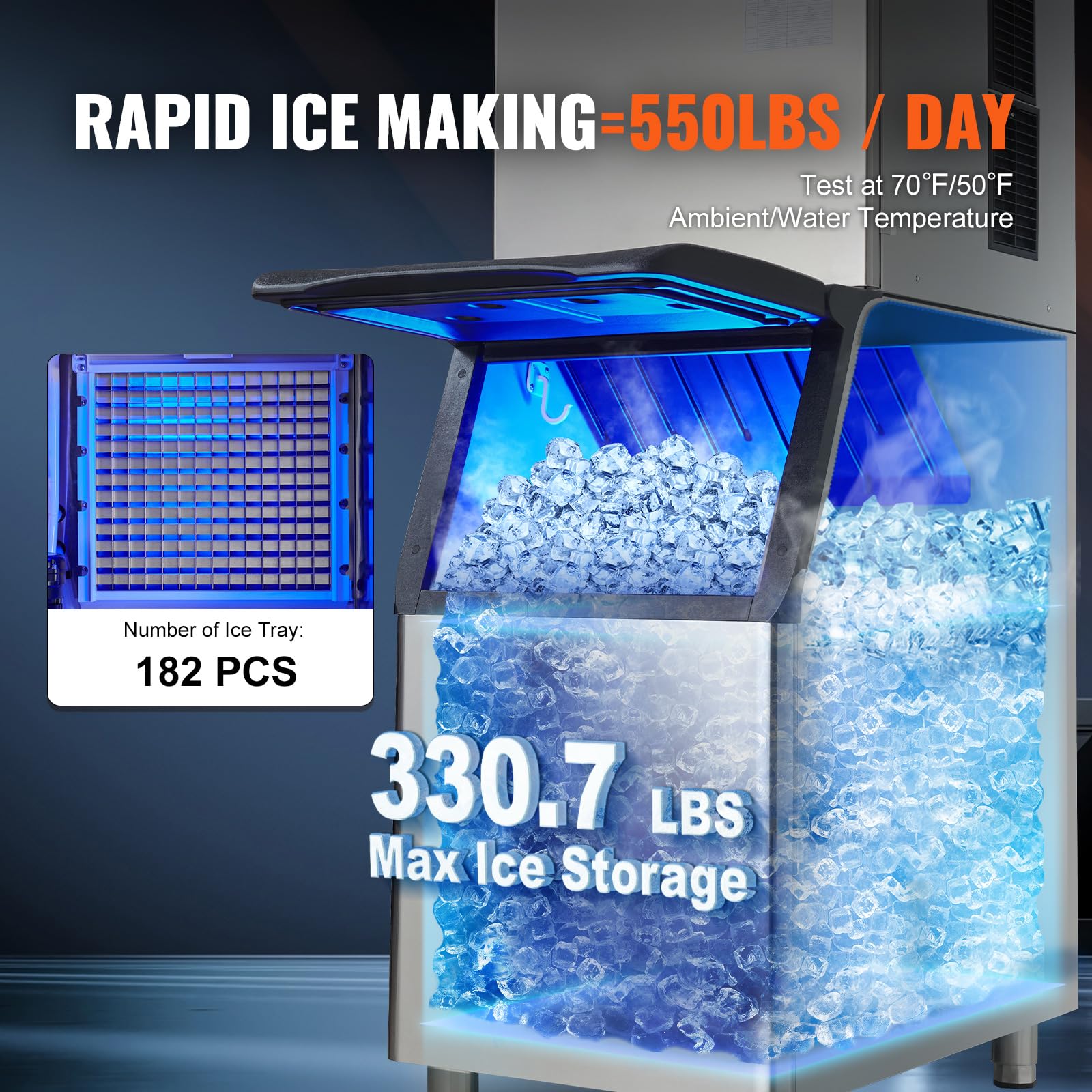 VEVOR Commercial Ice Maker Machine 550LBS/24H with 330.7LBS Storage Bin, 1000W Self-Cleaning Ice Maker with 3.5