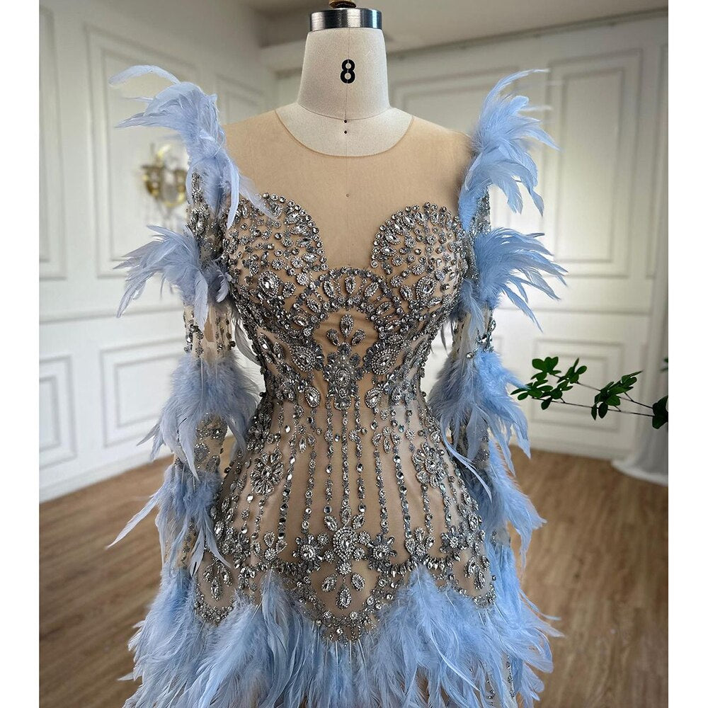 Serene Hill Blue Feathers Luxury Beaded A-Line Long Sleeve Elegant Evening Dress 2025 | Women's Formal Party Gown LA71816 | Perfect for Weddings, Galas & Black Tie Events