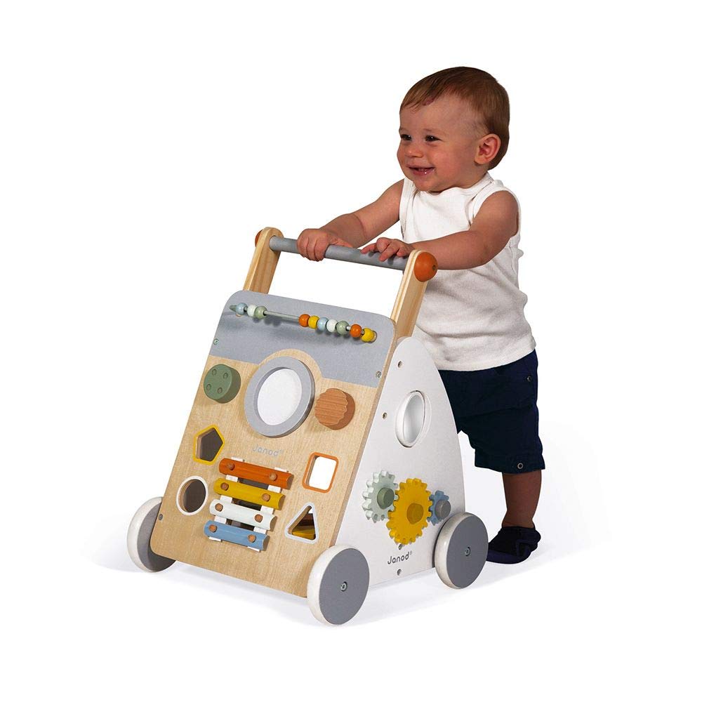Janod Sweet Cocoon Wooden Multi-Activity Baby Walker for Toddlers 12-24 Months | Learning Push Toy with Bead Maze, Shape Sorter & Music | Montessori Educational Toy for First Steps | Nursery, Playroom & Daycare Essential (J04410)