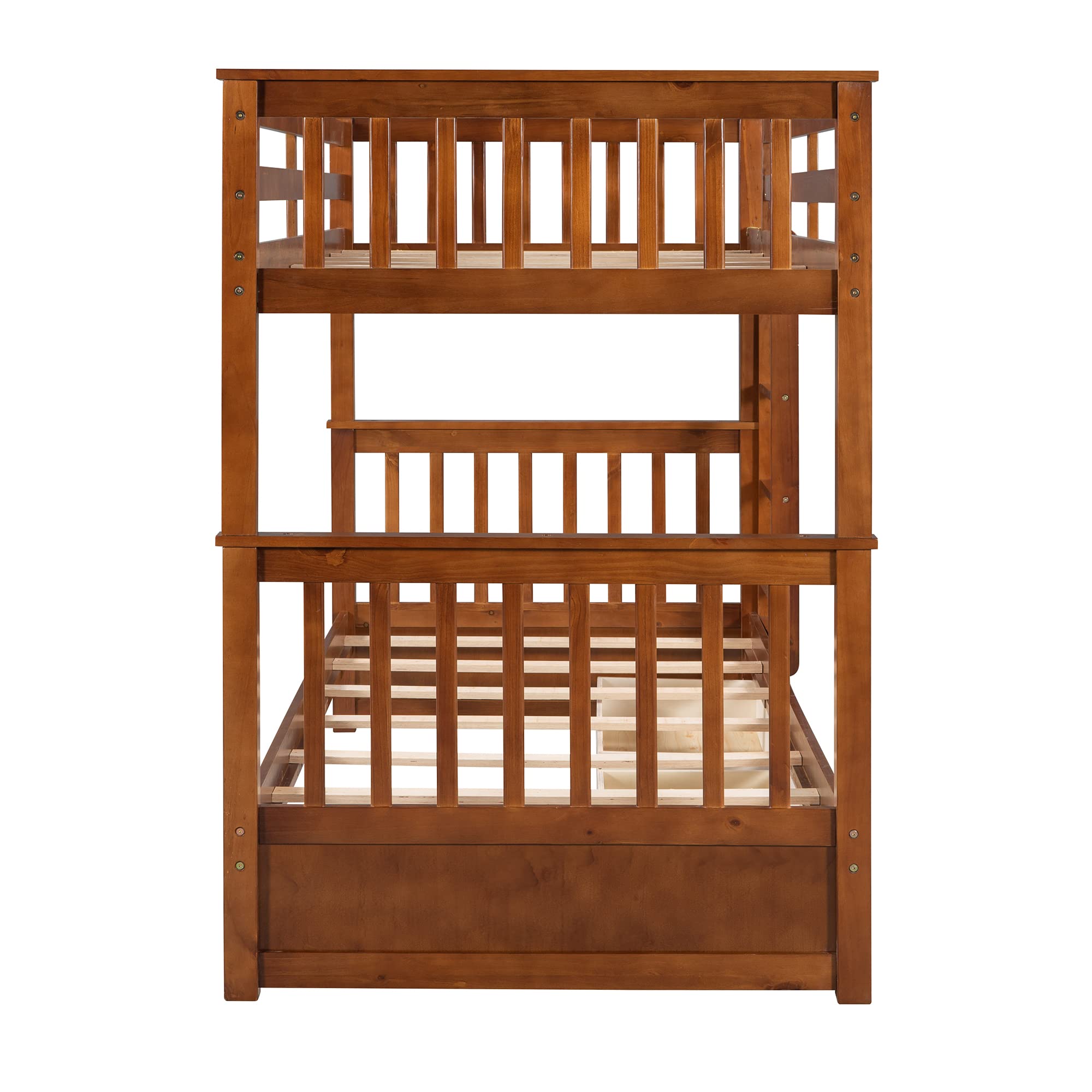 P PURLOVE Twin Over Twin Bunk Bed with 2 Storage Drawers - Convertible Wooden Bunk Bed Frame with Ladder - Separates into 2 Single Beds - Space-Saving Solution for Kids, Teens, Boys & Girls - No Box Spring Required (Walnut Finish) - Perfect for Small Bedrooms, Guest Rooms & Vacation Homes