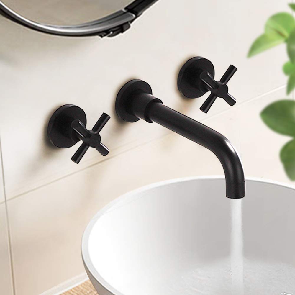 Copper Cross Handle Wall Mount Bathroom Sink Faucet - Matte Black Mixer Tap with Casting Faucet Valve (Model DR-4831B) for Modern Bathroom, Powder Room, and Guest Bath Decor