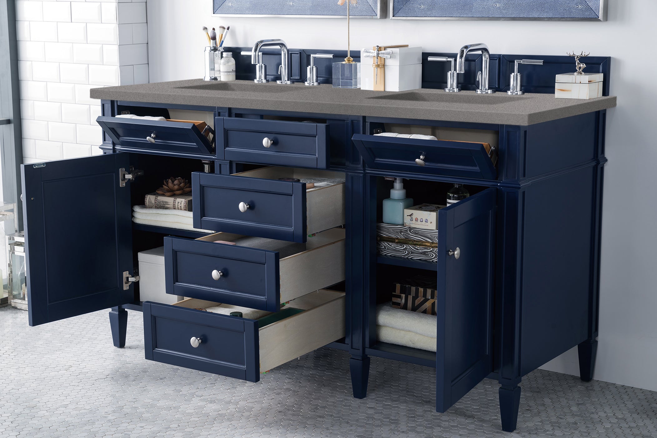 Brittany 60 Inch Victory Blue Double Bathroom Vanity with 3CM Grey Expo Quartz Countertop - Perfect for Master Bathroom Renovation & Modern Home Decor