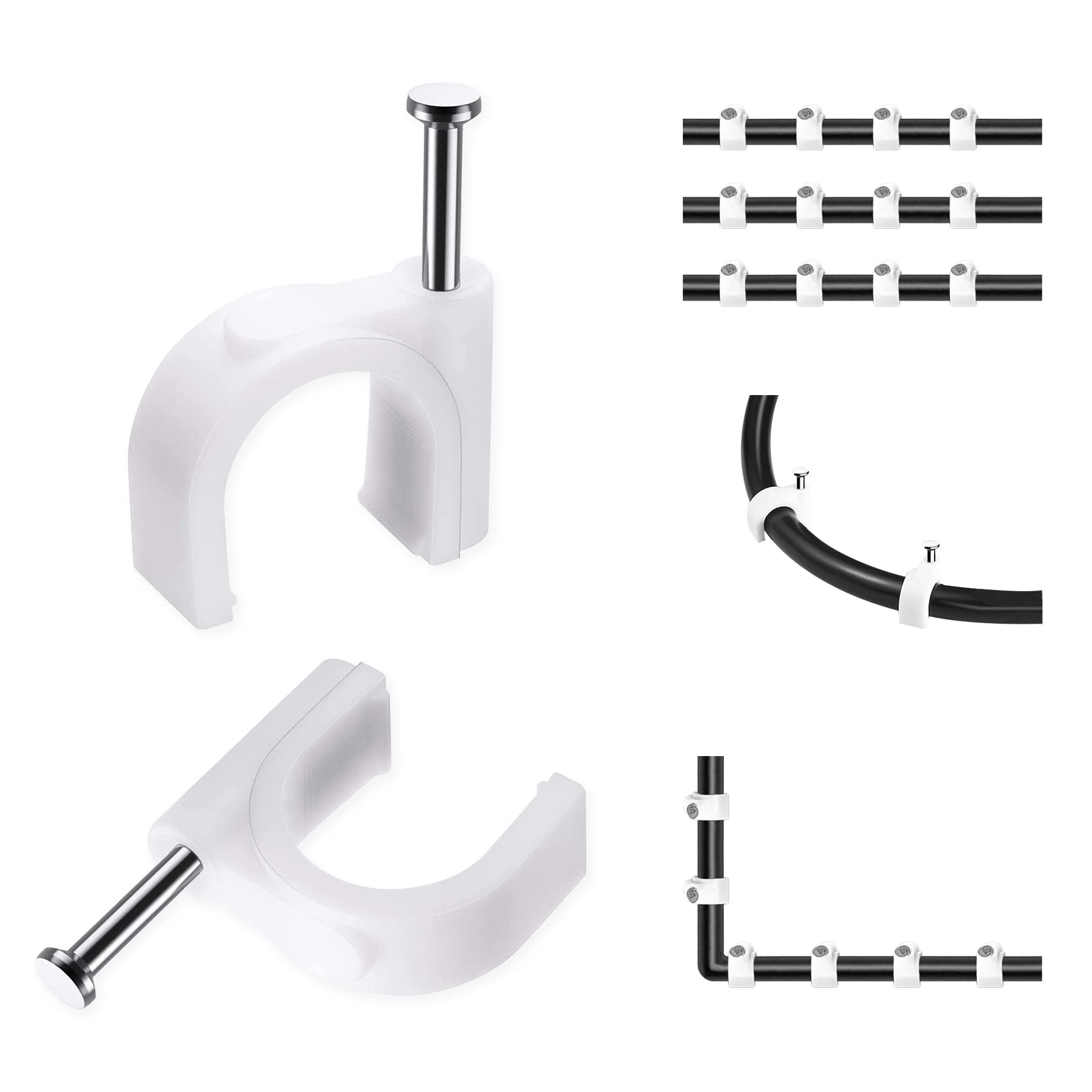 100 Pcs 8mm Cable Clips with Steel Nails - White Cable Management Organizer for RG6 RG59 CAT6 RJ45 Wires - Perfect for Home Office TV Computer Desk Wire Organization