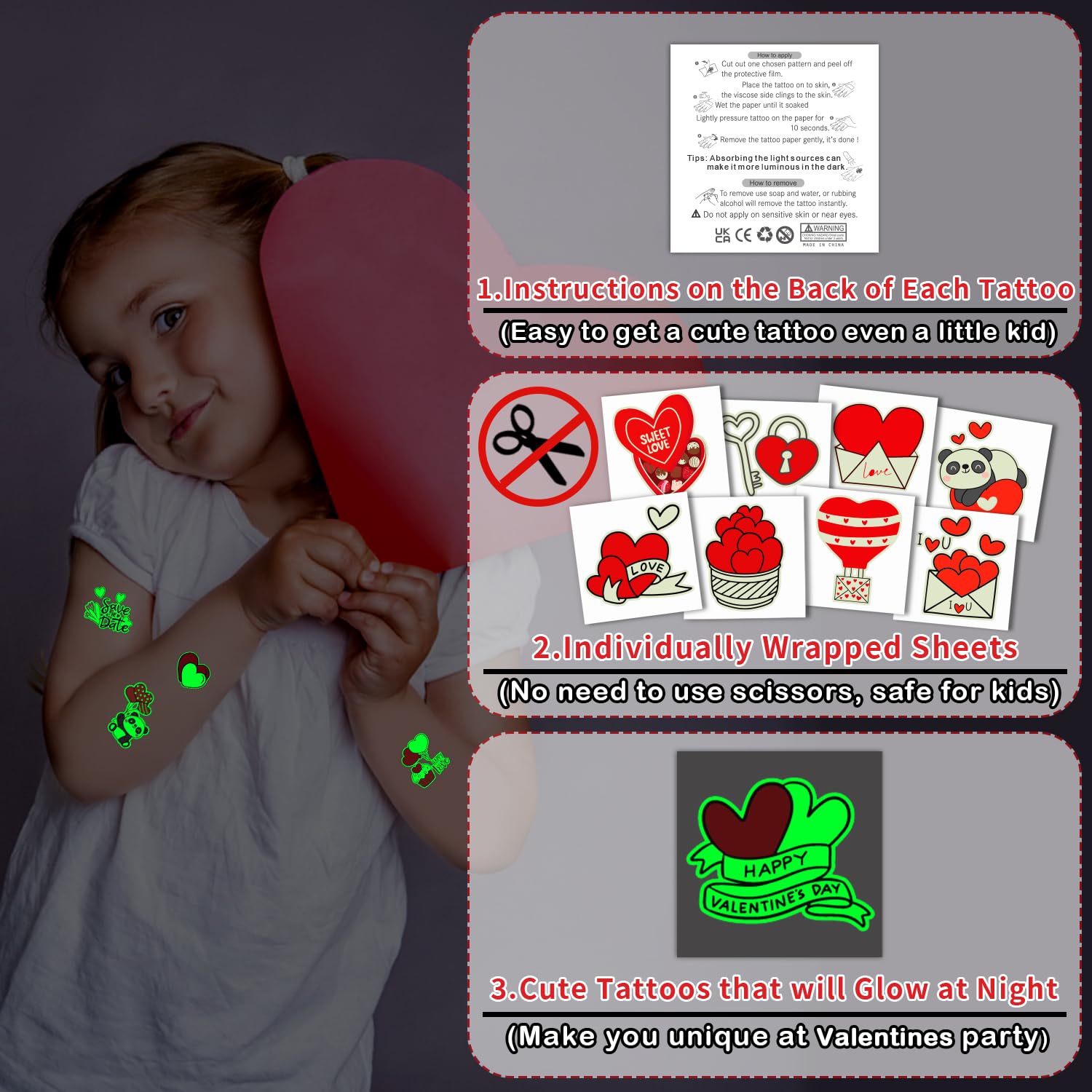 204-Piece Glow in the Dark Valentine's Day Temporary Tattoos for Kids - Individually Wrapped Heart Stickers for Party Favors, Classroom Prizes, Games & Decorations - Perfect for Valentine's Parties, School Events & Gift Exchanges