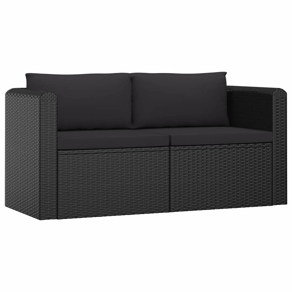 2-Piece Patio Sofa Set with Cushions - Outdoor Wicker Furniture for Garden, Backyard, Poolside, Balcony & Small Spaces - Black Poly Rattan Conversation Set for Relaxing & Entertaining