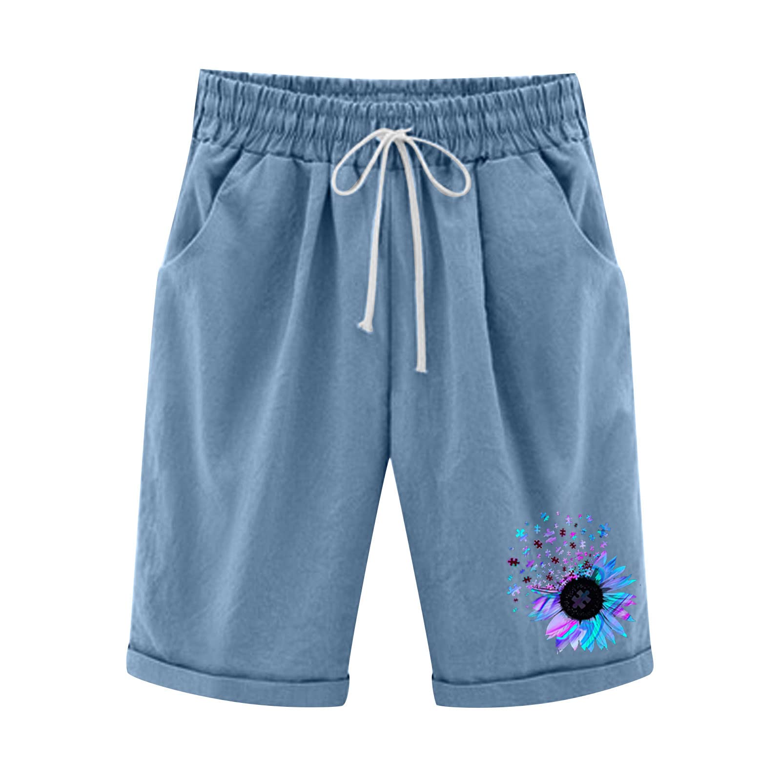 Women's High Waisted Bermuda Shorts - Linen Cotton Stretchy for Summer, Gym & Lounge