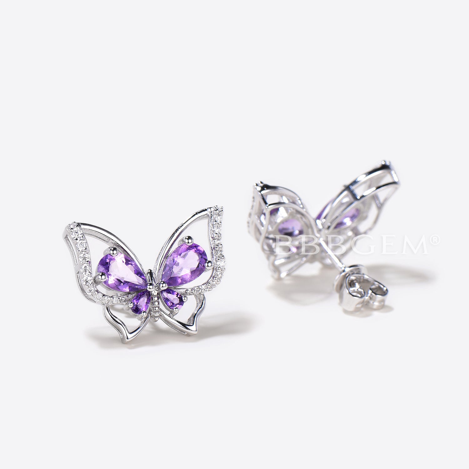 Natural Amethyst Teardrop Stud Earrings - Unique Butterfly Diamond Earrings for Women, Gift for Her, Valentine's Day, Anniversary, Birthday, Party & Special Occasion Jewelry
