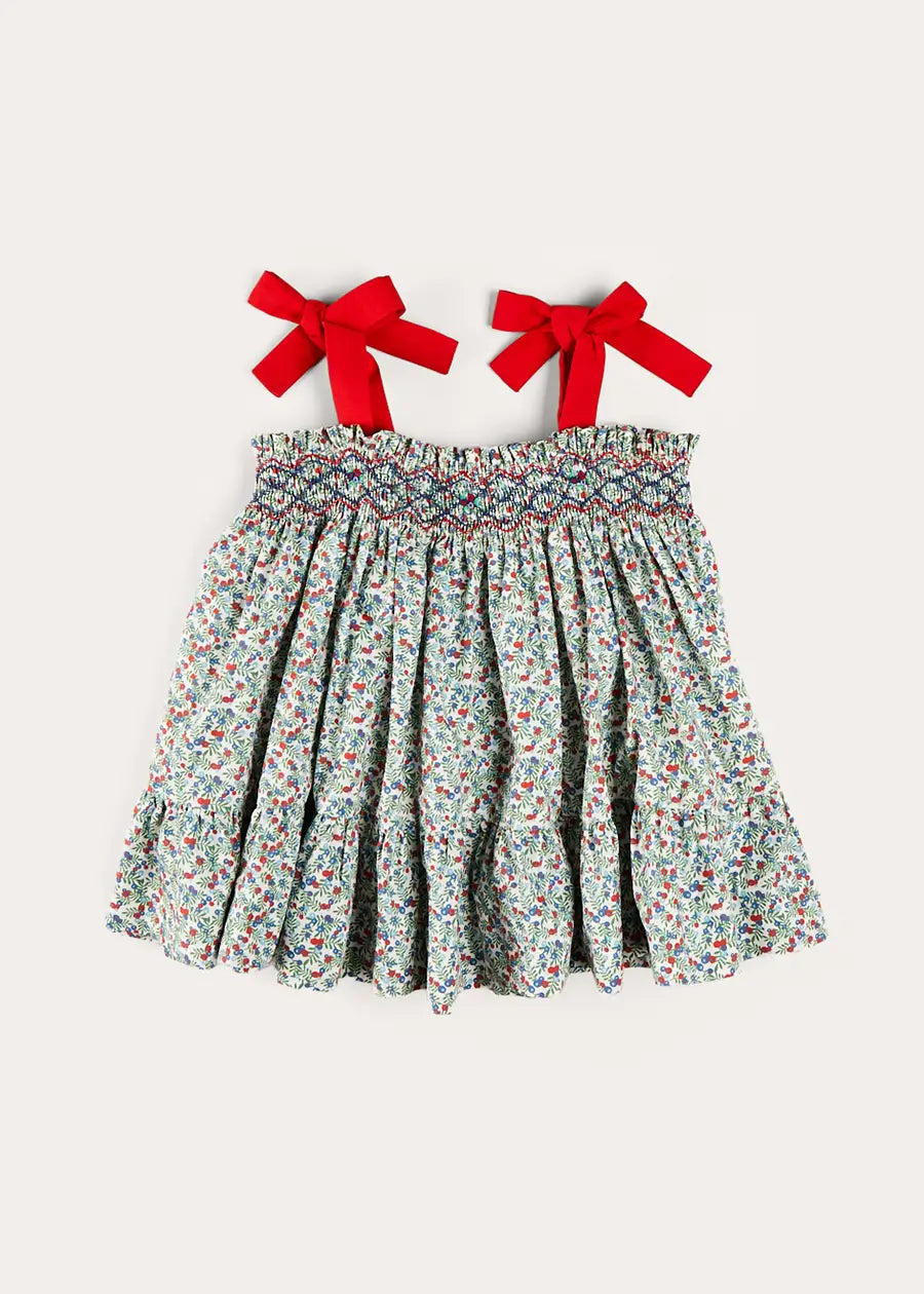 Evelyn Floral Smock Tie Strap Blouse for Girls - Red (Size 4-10 Years) | Perfect for School, Parties & Family Photos