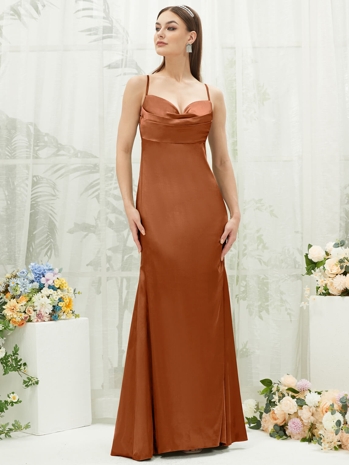 Elegant Cooper Satin Cowl Neck Adjustable Straps Backless Long Bridesmaid Dress - Perfect for Weddings, Formal Events & Evening Parties