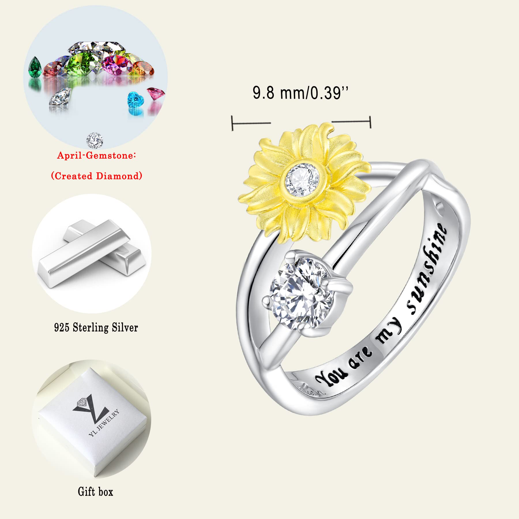YL Sunflower Rings for Women - 925 Sterling Silver Infinity Rings with Cubic Zirconia Flower Jewelry - Perfect for Everyday Wear, Gift Giving & Special Occasions