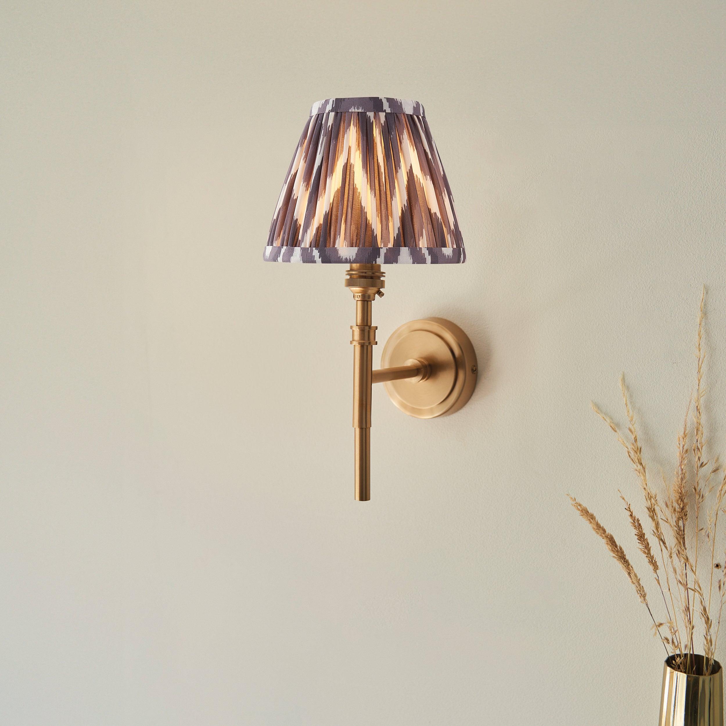 Chester Brass Wall Light with Grey Zigzag 16cm Shade - Vintage Industrial Sconce for Bedroom, Hallway & Living Room Lighting