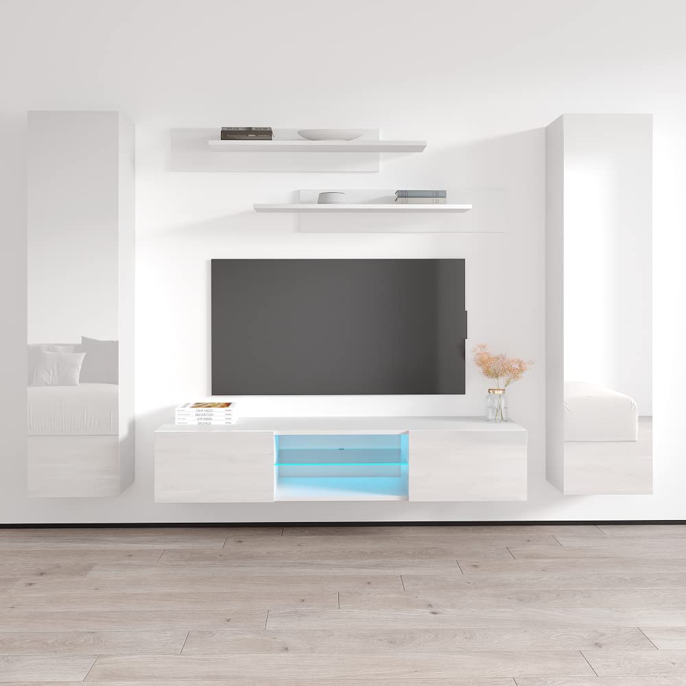 Modern White Wall-Mounted TV Stand with Storage Shelves & LED Lights - Floating Entertainment Center Console for Living Room & Bedroom - Perfect for Small Spaces & Home Theater Setup - Meble Furniture Fly AB1 33TV Stand