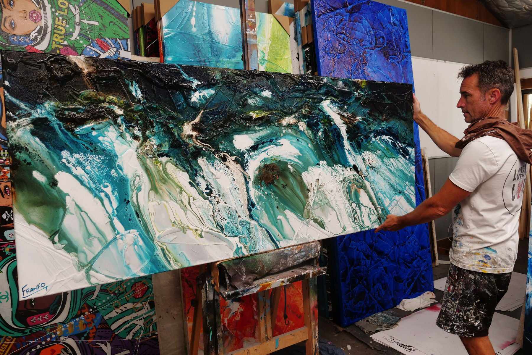 Natural Teals 200cm x 80cm Teal Textured Abstract Canvas Art Painting - Perfect for Living Room, Bedroom, or Office Wall Decor