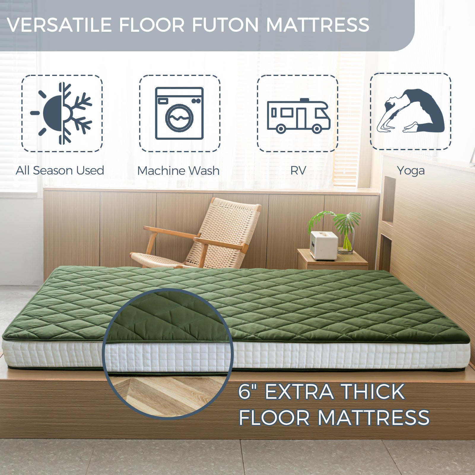 MAXYOYO 6-Inch Extra Thick Floor Futon Mattress with Diamond Quilting - Green - Comfortable Guest Bed, Floor Cushion for Living Room, Dorm, or Camping