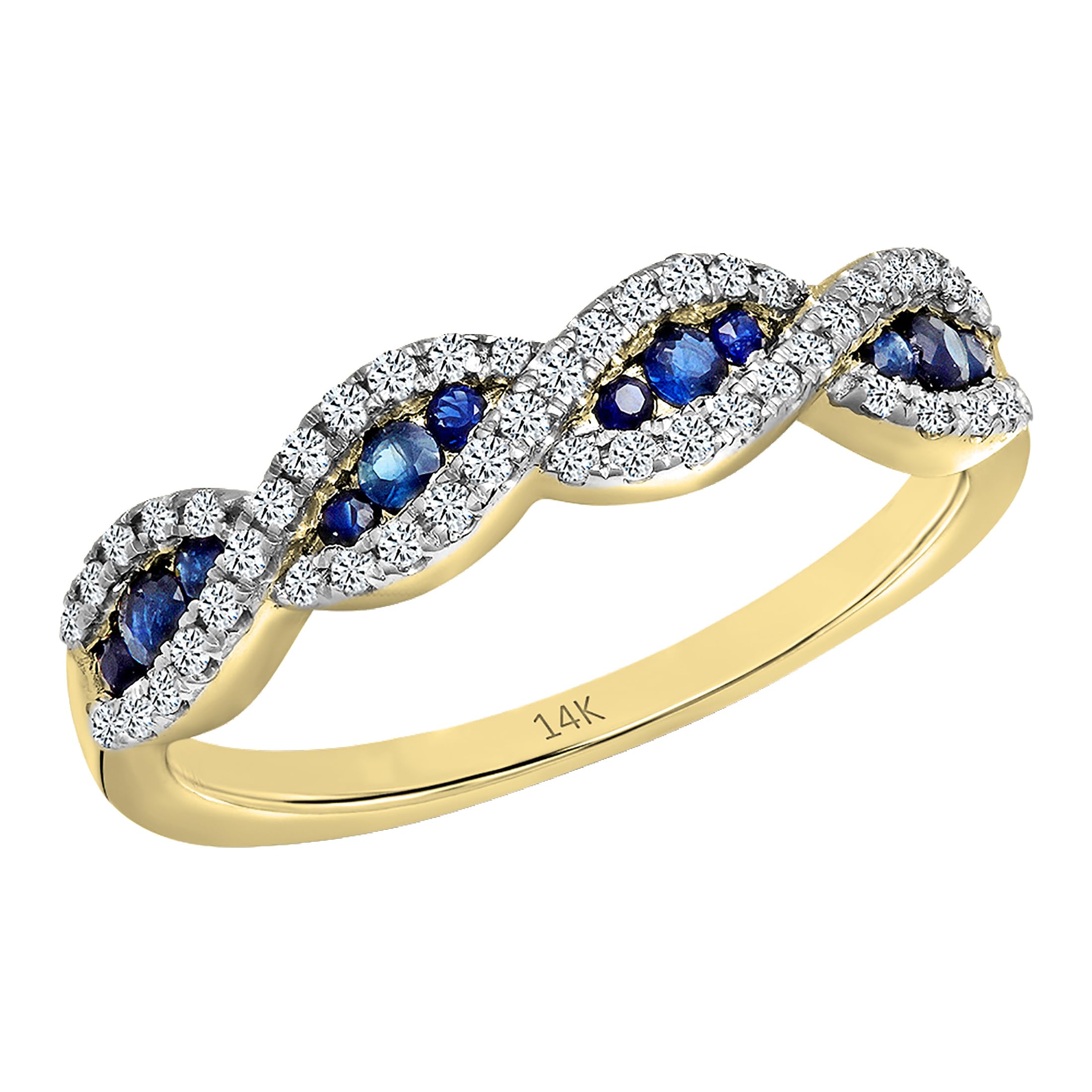 Exquisite Round Blue Sapphire & White Diamond Swirl Stackable Ring for Women - 14K Solid Gold Anniversary Band, Wedding Gift, Valentine's Day Jewelry | Perfect for Stacking, Everyday Wear & Special Occasions