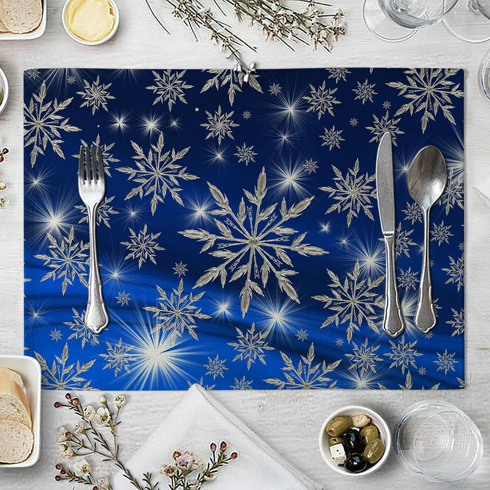 Daesar Christmas Placemats Set of 2 - Cotton Linen Table Mats with Snowflakes & Starlight Design - Xmas Silver Blue Holiday Decor - 12.5x16.5 Inch - Perfect for Dining Tables, Holiday Parties & Festive Home Decor