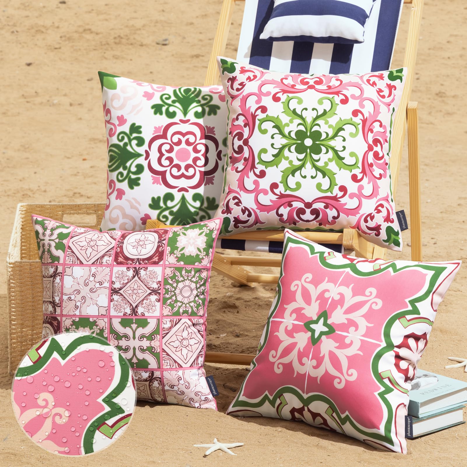 Phantoscope Set of 4 Waterproof Outdoor Throw Pillow Covers - 18x18 Inch Boho Geometric Decorative Cushion Cases for Patio Furniture, Garden, Tent & Farmhouse Decor (Pink/Green Fig Pattern) | Weather-Resistant & UV Protection for Outdoor Use