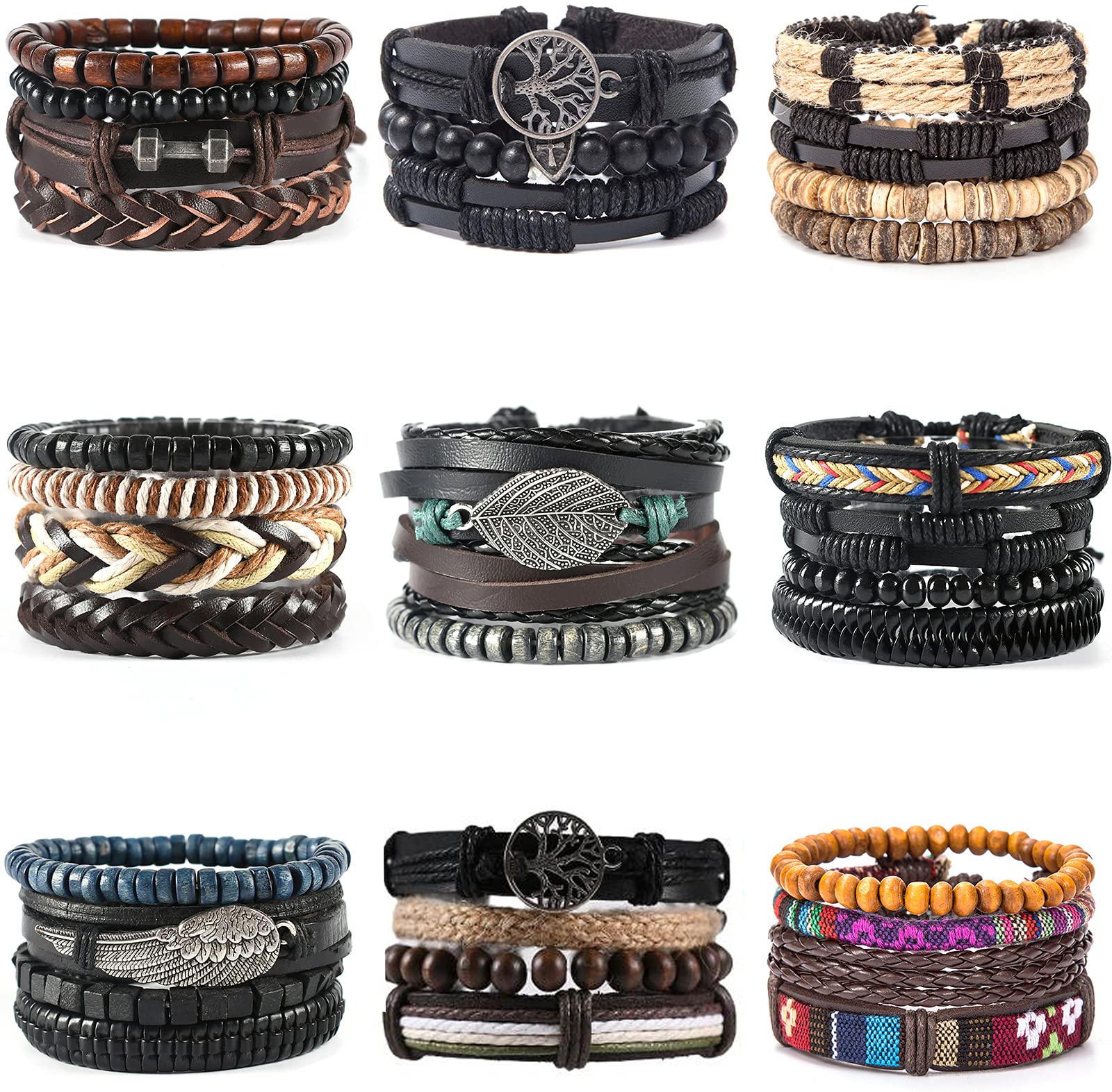 SAMOCO 34 Pcs Braided Leather Bracelets for Men & Women - Adjustable Wooden Bead Wristbands, Tribal Hemp Cuff Bracelets, Handmade Multilayered Wrap Bracelets - Perfect for Boho Style, Festival Fashion & Everyday Wear