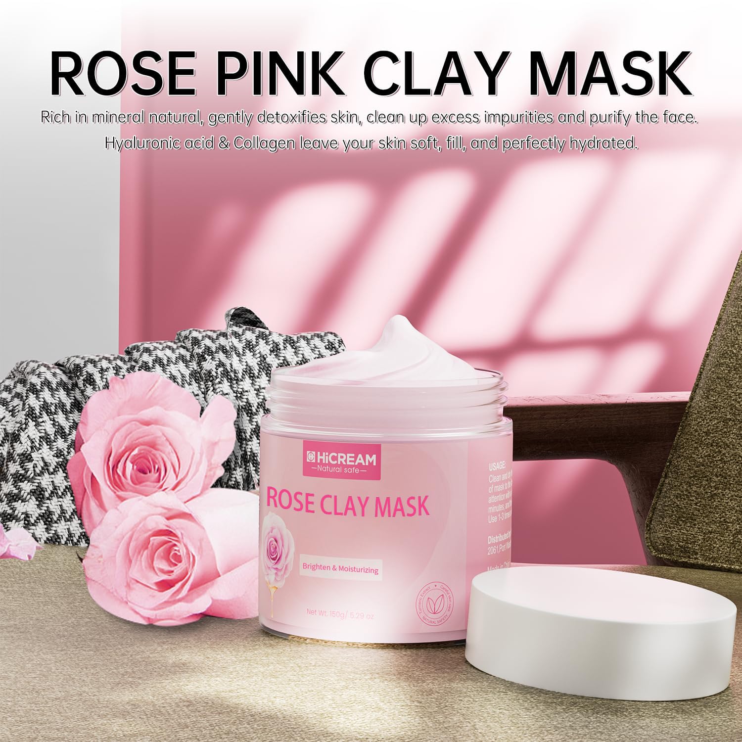 Rose Clay Facial Mask for Women & Men - Kaolin & Collagen Pink Clay Mask to Reduce Blackheads, Moisturizing & Gentle Skincare (5.29 oz) | Perfect Valentine's Gift & Daily Self-Care Treatment