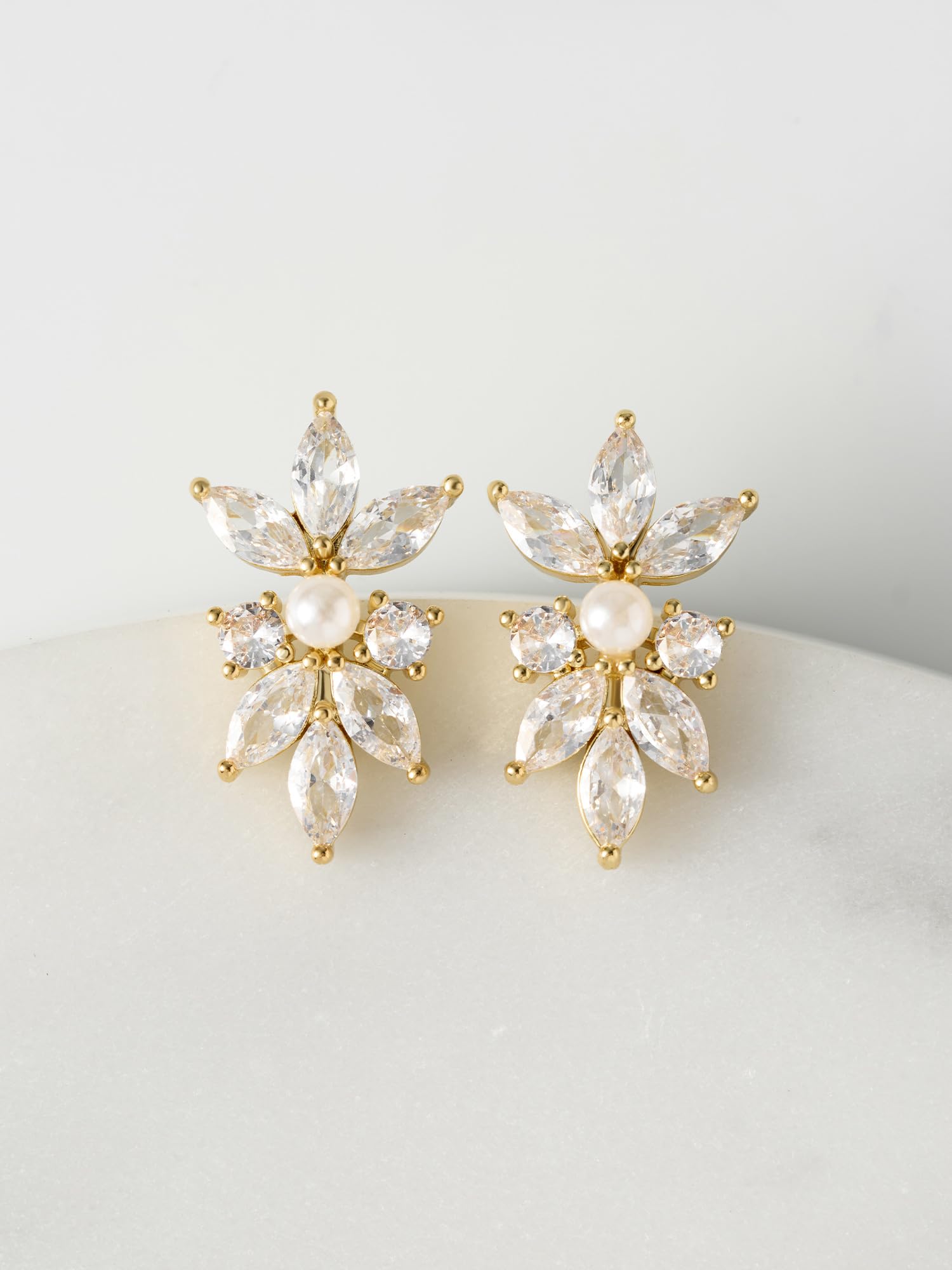 SWEETV Marquise Cut Cubic Zirconia Stud Earrings for Wedding, Brides & Bridesmaids | Crystal Pearl Rhinestone Jewelry for Women, Prom Party & Special Occasions | Perfect Gift for Anniversary, Engagement & Formal Events