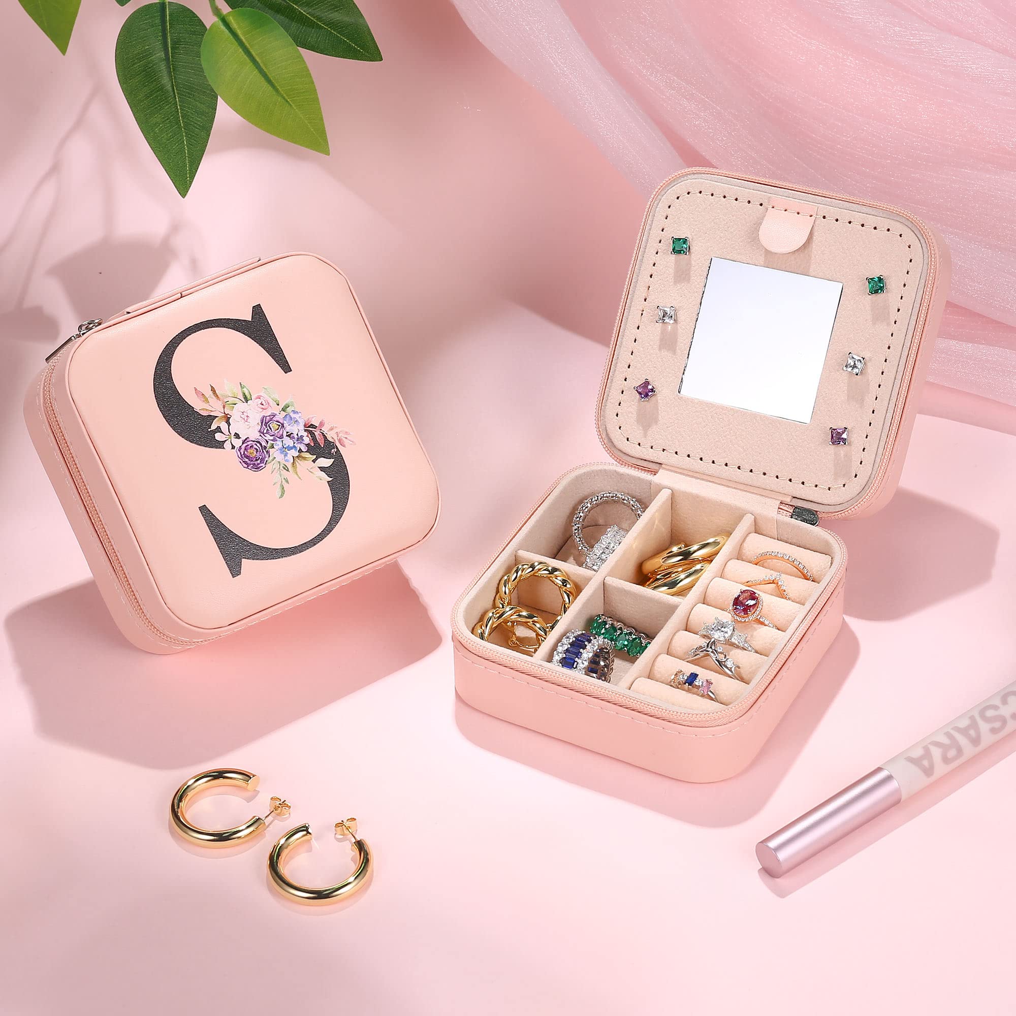 Parima Personalized Pink Jewelry Organizer Box for Women & Girls - Travel Jewelry Case with Letter J Design | Necklace, Earring & Ring Storage | Perfect for Travel, Gifts & Daily Jewelry Organization