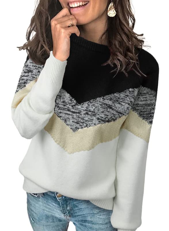 Dokotoo Women's Color Block Sweater - Long Sleeve Crewneck Pullover Knit Jumper Top for Fall & Winter | Casual Office Wear & Weekend Outfits