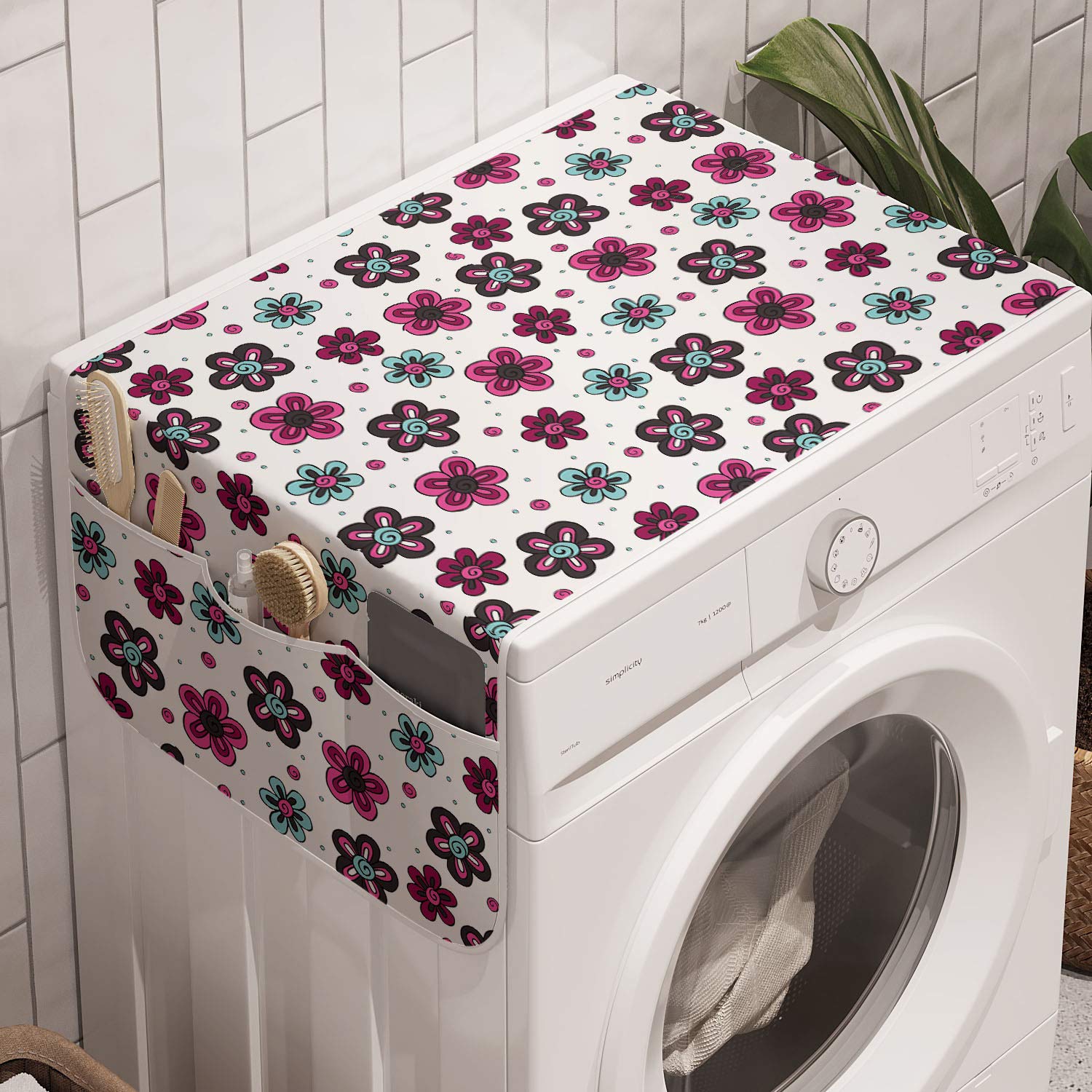 Ambesonne Floral Washing Machine Cover - 90s Hippie Flower Pattern Anti-Slip Fabric Organizer for Washers & Dryers, 47