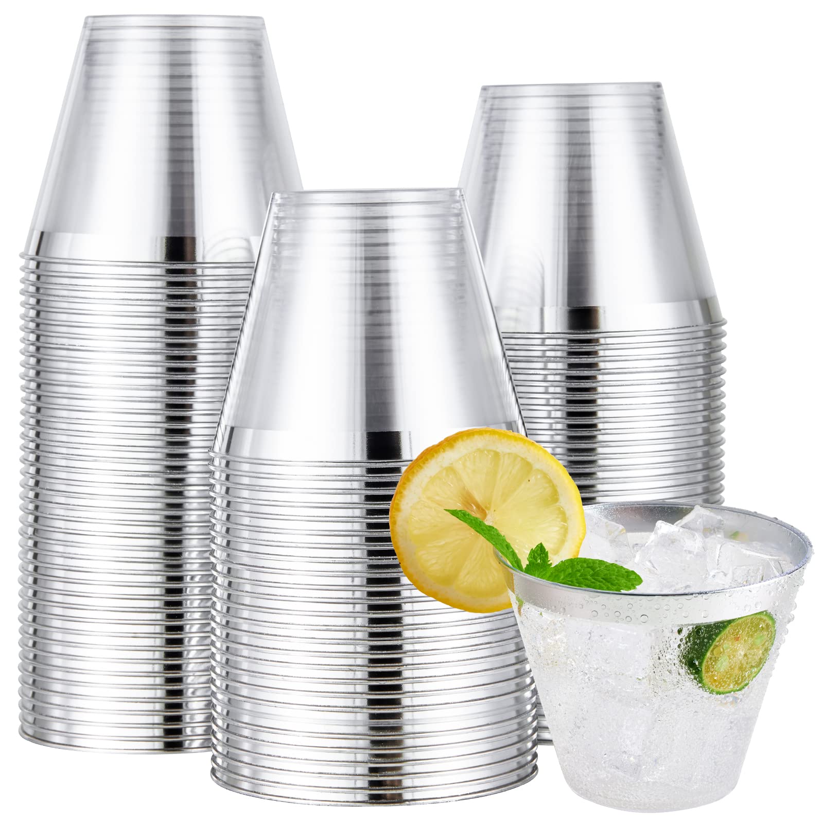 JOLLY CHEF 100 Pack 9 oz Clear Plastic Cups with Elegant Silver Rim - Disposable Silver Tumblers for Wedding, Party, Thanksgiving & Christmas - Perfect for Cocktails, Beverages and Celebrations