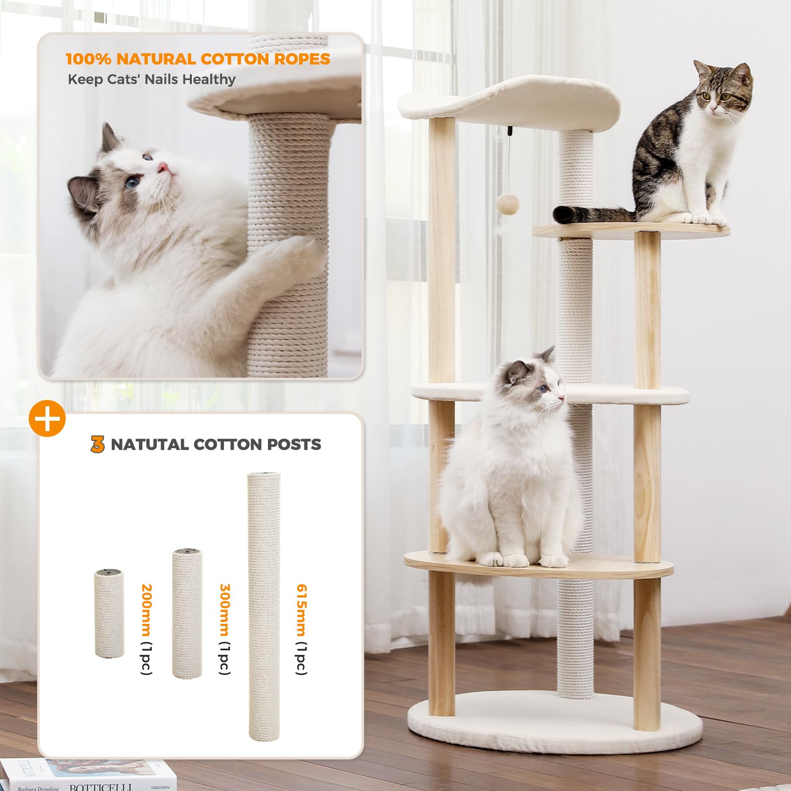 PAWZ 5-Level Modern Cat Tree for Large Indoor Cats - Sturdy Wood Cat Tower with Scratching Posts, Beige - Perfect for Play, Climbing & Relaxation in Living Rooms & Bedrooms