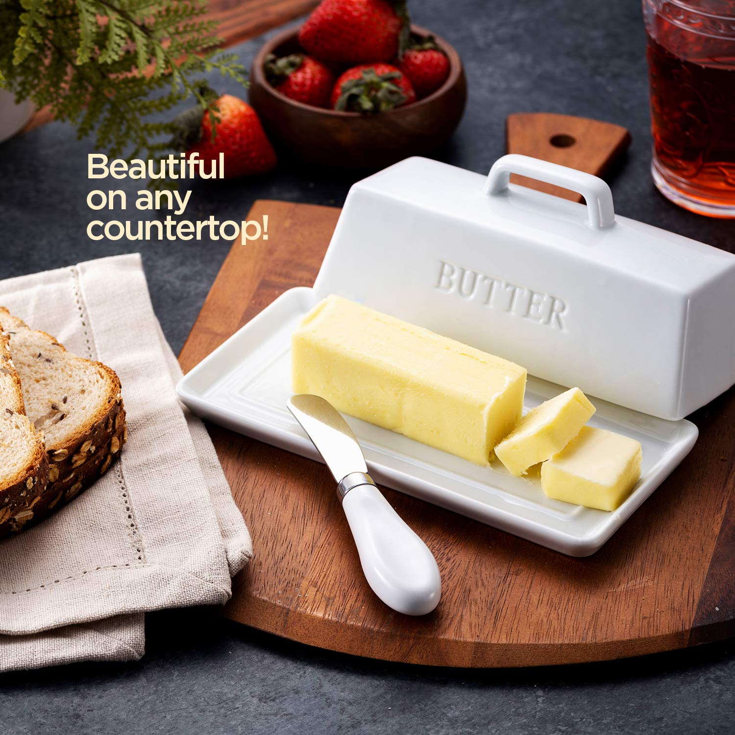 Ceramic Butter Dish Set with Lid & Toothpaste Squeezer - Elegant Kitchen and Bathroom Organizer for Home, Restaurant, or Gift Use