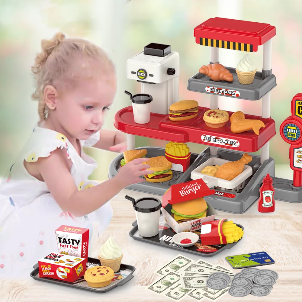 Realistic Fast Food Toy Set with Coffee Maker, Card Reader, Hamburger, Fries & Sandwich - Pretend Play Grocery Store for Kids - Perfect for Role Play, Birthday Gifts & Early Learning