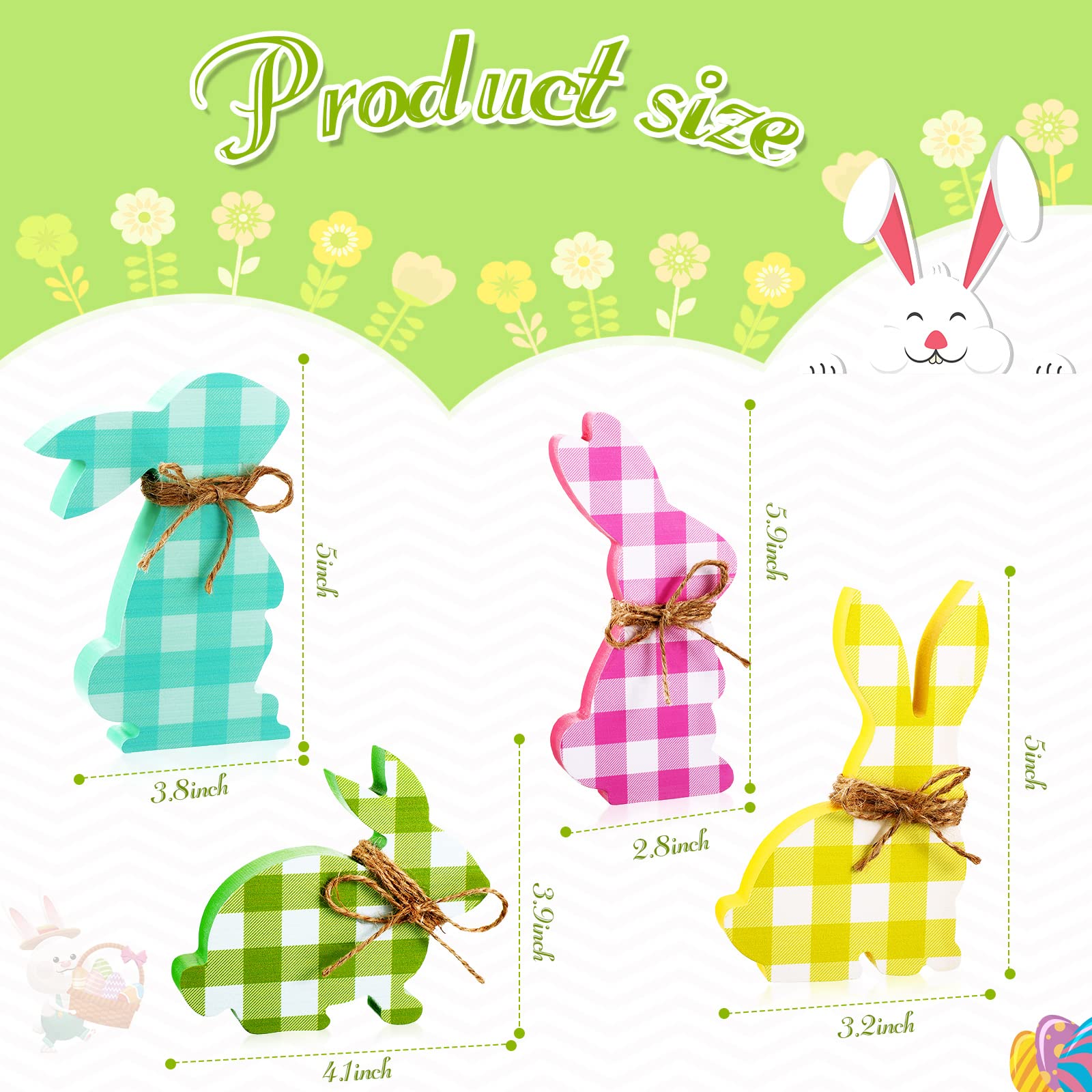 4 Pcs Easter Bunny Wooden Table Signs - Bunny Shaped Farmhouse Decor for Spring, Easter Bunny Dining Room Table Decor with Rope (Plaid) - Perfect for Easter Celebrations, Home Decor, and Seasonal Party Decorations