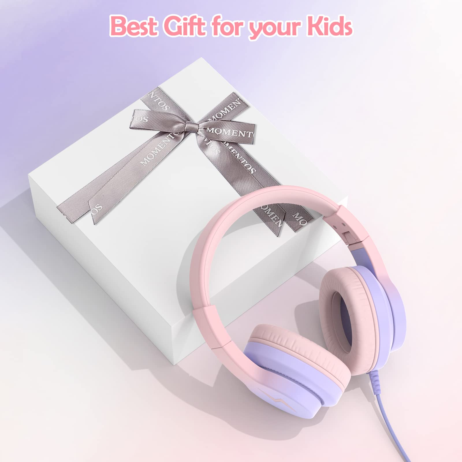 Kids Headphones with Microphone - 85/94dB Volume Limiting Wired Over-Ear Headphones for Boys & Girls, Foldable Design for School, Travel & Home Use - Gradient Pink Learning & Entertainment Headphones