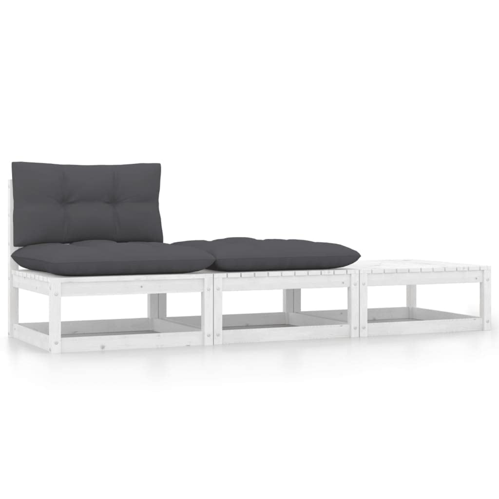 CHARMMA 3-Piece White Pinewood Patio Lounge Set with Cushions - Outdoor Furniture for Garden, Poolside & Backyard Relaxation