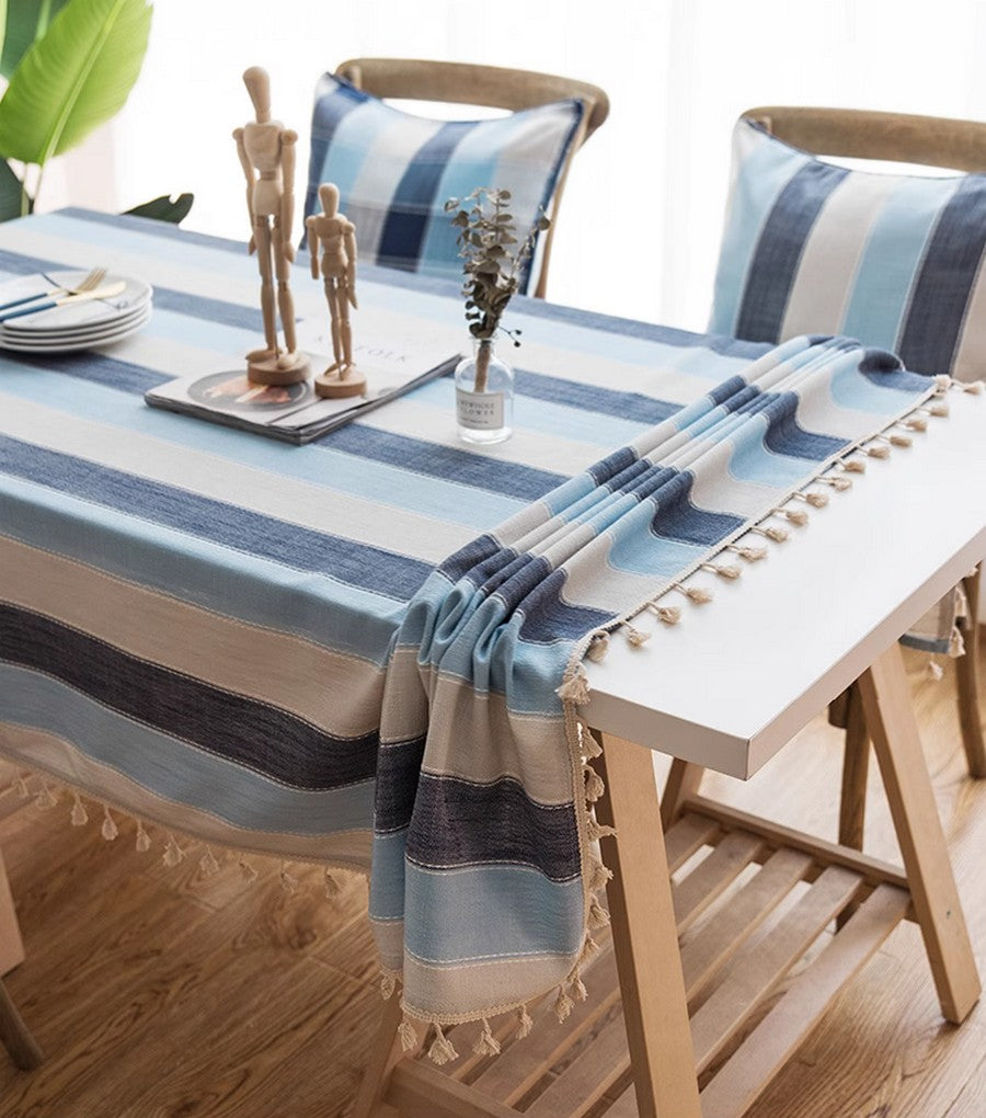 Blue Stripe Rectangular Tablecloth for Oval Table - Cotton Linen Blend Table Cover for Coffee & Dining Room - Modern Home Decor for Parties & Everyday Use