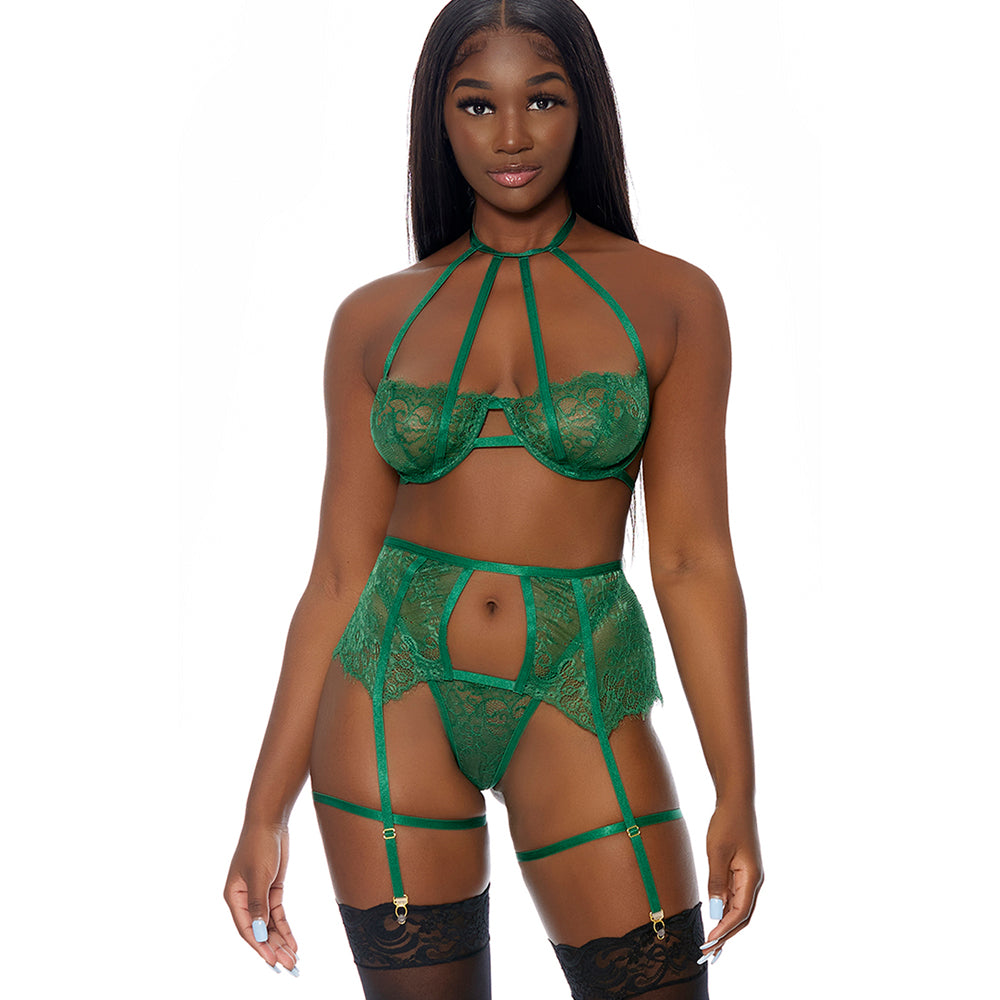 Forplay In Full Bloom Green Cage Strap & Lace Lingerie Set - Sexy Women's Underwear for Valentine's Day, Anniversary Gift, Boudoir Photography