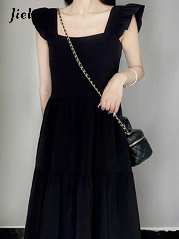 Elegant Black Ruffles Sleeveless Chiffon Dress for Women - Summer Solid Color Square Neck Evening Gown | Perfect for Cocktail Parties, Weddings & Formal Occasions