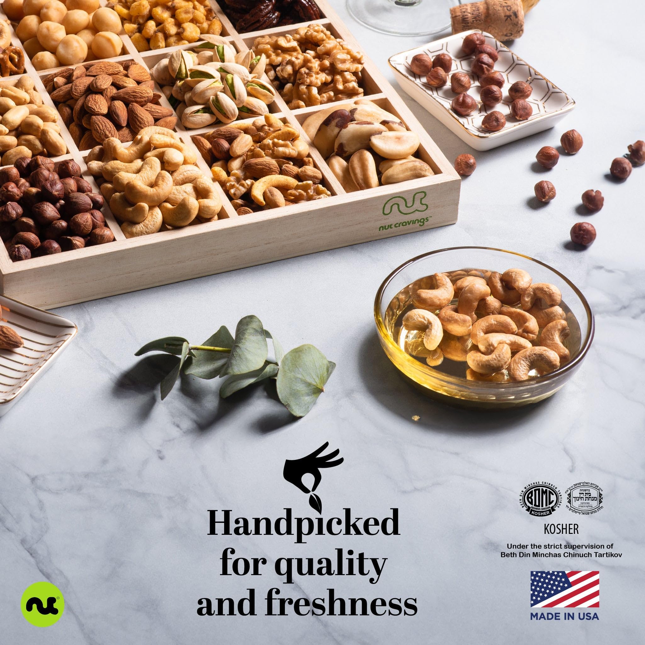 Premium Gourmet Nut Gift Basket - 12 Assortment Kosher Nuts with TY Ribbon & Greeting Card in Reusable Wooden Tray | Thank You Food Platter, Corporate Gifts, Holiday Present, Care Package for Friends & Family