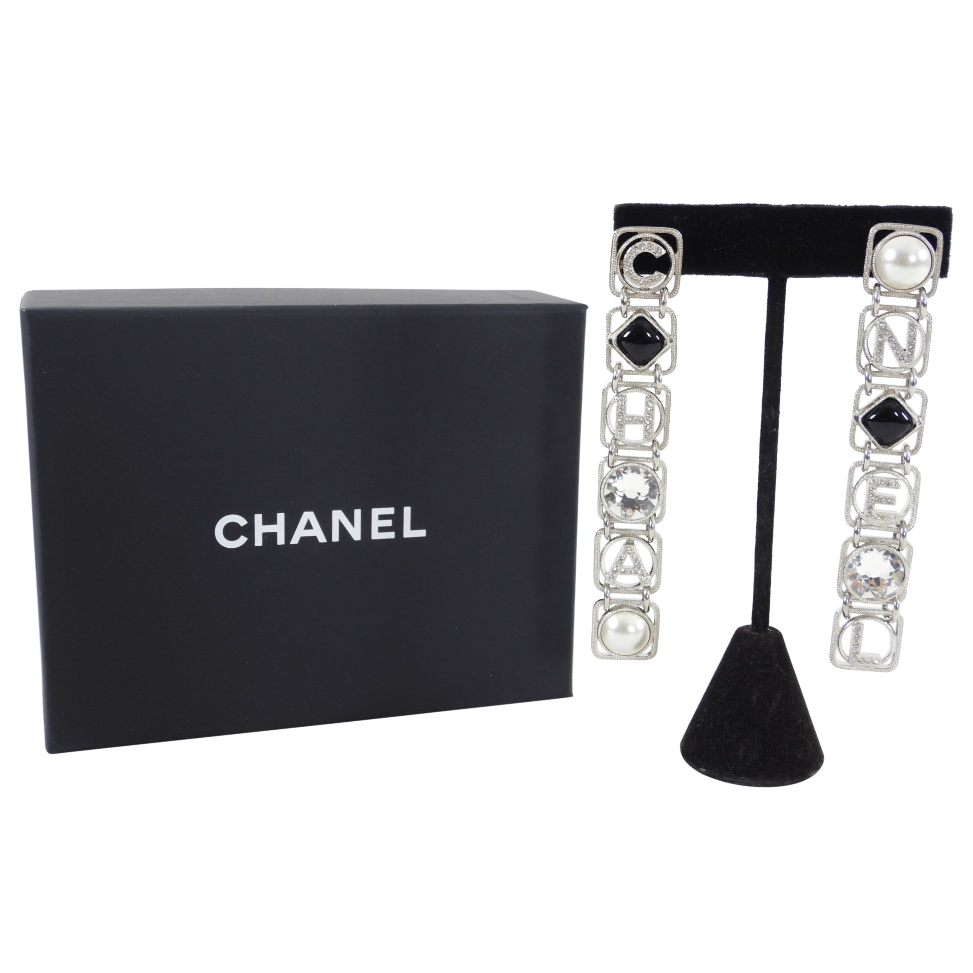 Chanel 20S Long Silver Crystal Logo Link Earrings - Luxury Fashion Jewelry for Women | Perfect for Parties, Weddings & Special Occasions