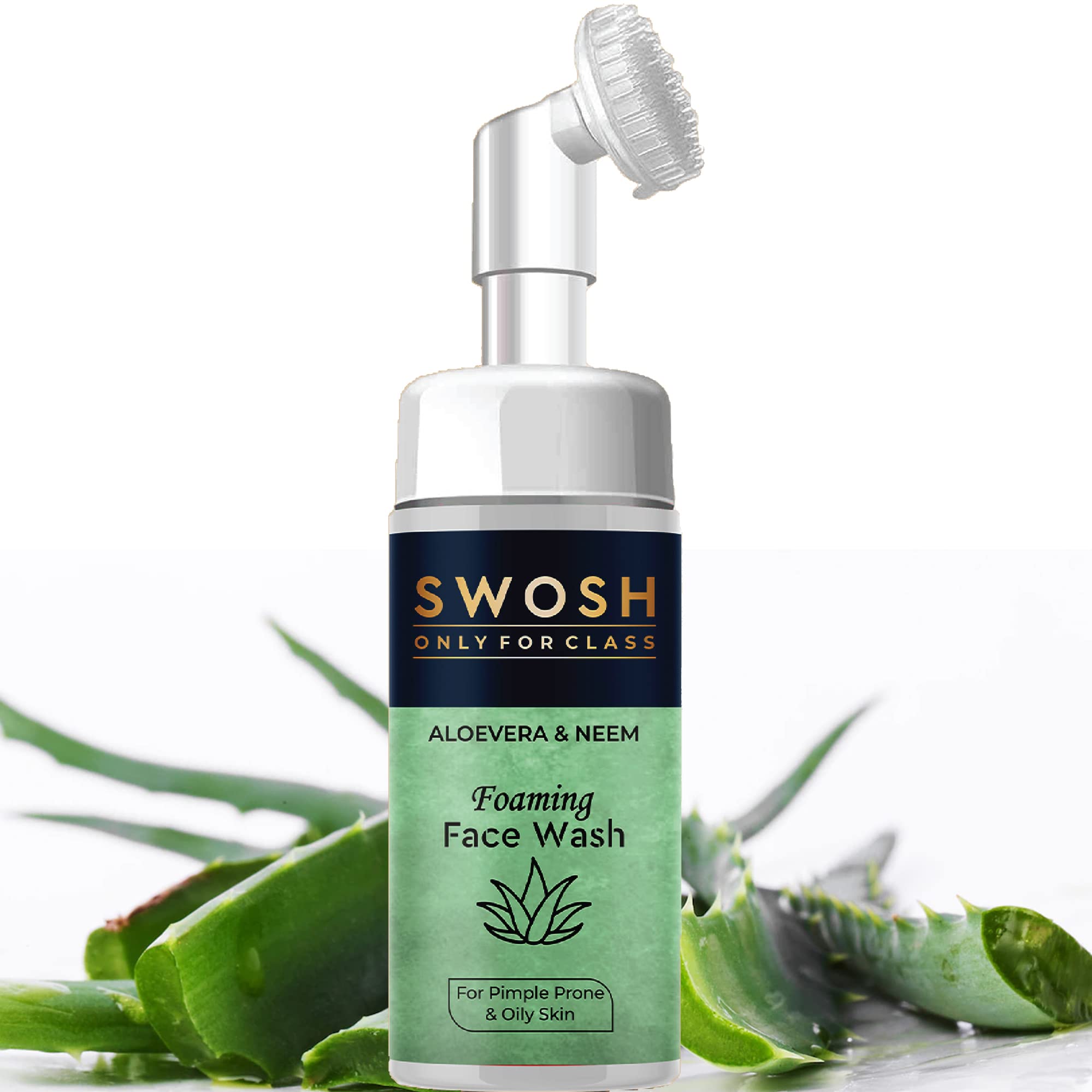SWOSH Aloe Vera & Neem Foaming Face Wash for Acne-Prone & Oily Skin - Paraben, Sulfate, Silicone & Dye Free with Built-in Face Brush (100ml) - Gentle Daily Cleanser for Clear, Balanced Skin at Home or Travel