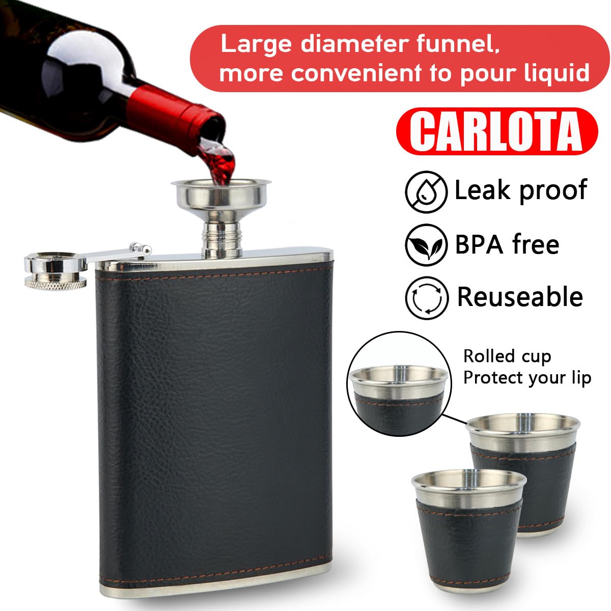 Premium Leather Wrapped Stainless Steel Flask Gift Set - 8oz Hip Flask with 2 Shot Glasses & Funnel - Perfect for Whiskey, Bourbon & Liquor - Great for Camping, Travel & Outdoor Adventures