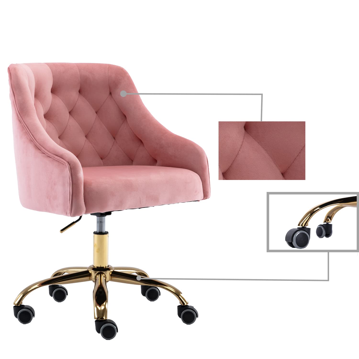 Modern Velvet Home Office Chair with Wheels - Swivel Adjustable Height Desk Chair for Work, Vanity & Makeup - Stylish Task Chair for Living Room & Bedroom (Peach Pink) - Perfect for Remote Work, Gaming & Beauty Routines