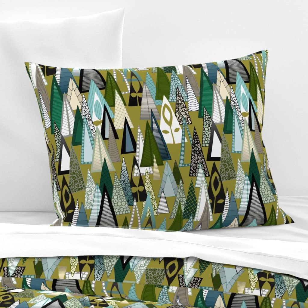 Premium Cotton Sateen Sham - Woodland Forest Trees Graphic in Olive Greens with Triangle Mod Doodle Pine Tree Print | Autumn Winter Themed Custom Bedding | Perfect for Cozy Cabin Decor & Seasonal Bedroom Makeovers