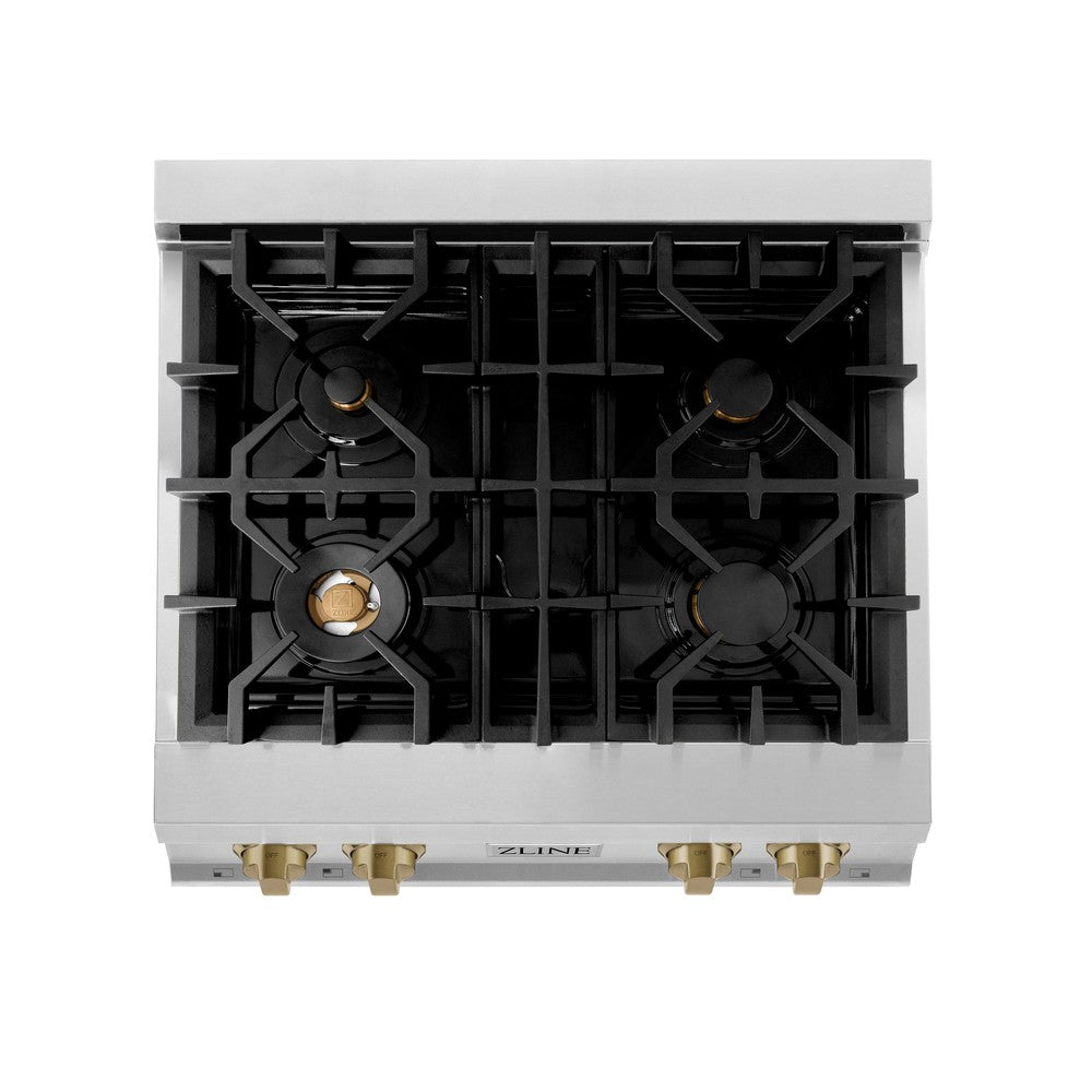ZLINE Autograph Edition 30-Inch 4-Burner Gas Rangetop with Porcelain Cooktop - Stainless Steel with Champagne Bronze Accents (RTZ 30 CB) | Professional Kitchen Stove for Home Chefs & Cooking Enthusiasts