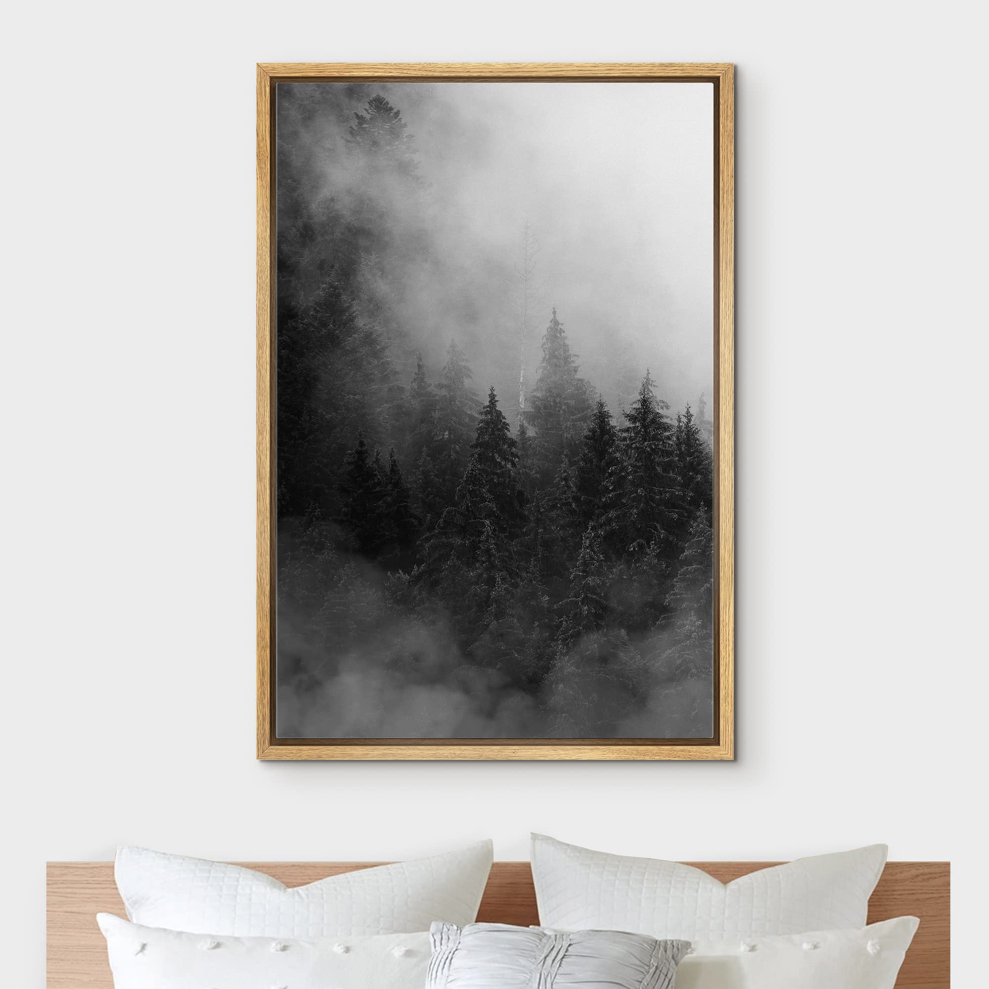 IDEA4WALL Framed Canvas Print - Black & White Dark Pine Forest in The Mist Nature Wilderness Realism Woodland Wall Art - 24