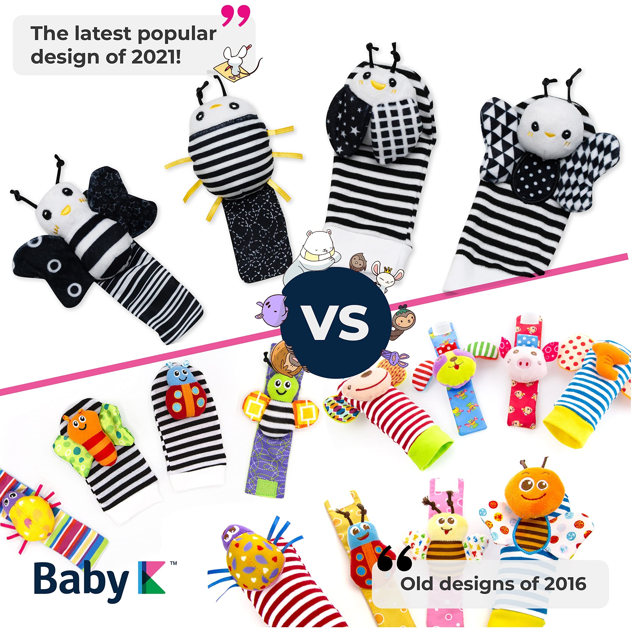 BABY K Baby Rattle Socks & Wrist Toys Set E - Newborn Infant Developmental Toys for Boys & Girls 0-12 Months - Soft Hand & Foot Rattles for Sensory Play & Brain Growth - Perfect Baby Shower Gift for Crawling & Tummy Time Activities
