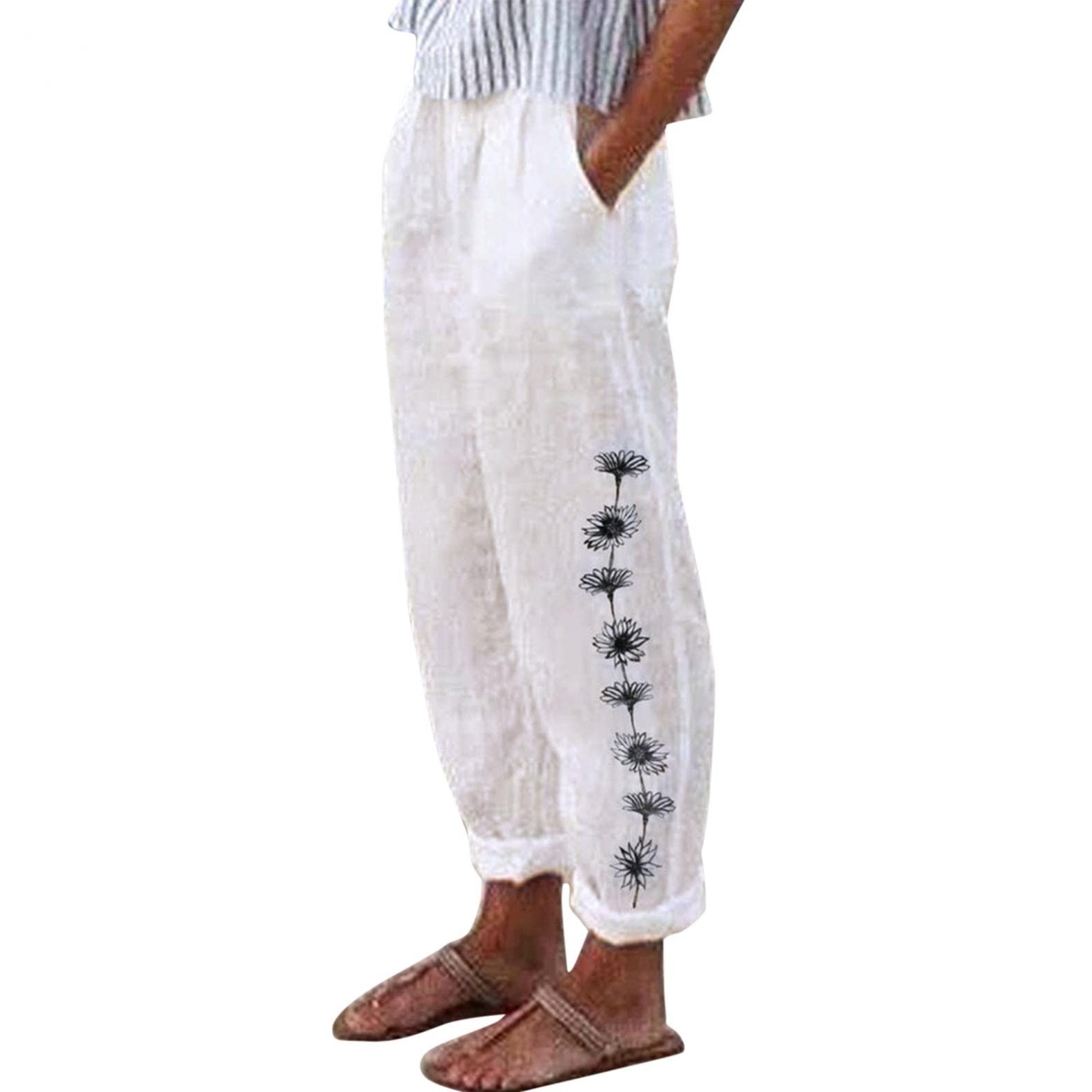 Women's Linen Capri Pants - Floral Print Tapered Cropped Trousers for Summer | Casual & Travel Outfits | Breathable Comfort for Beach, Yoga & Daily Wear