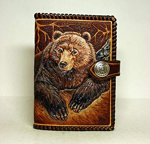 Handmade 3D Carved Genuine Leather Wallet for Men - Biker Style Long Wallet with Custom Bear Design - Personalized Hand-Painted Leather Carving Gift for Dad, Husband, Boyfriend - Perfect for Motorcycle Riders, Outdoor Enthusiasts & Western Style Lovers