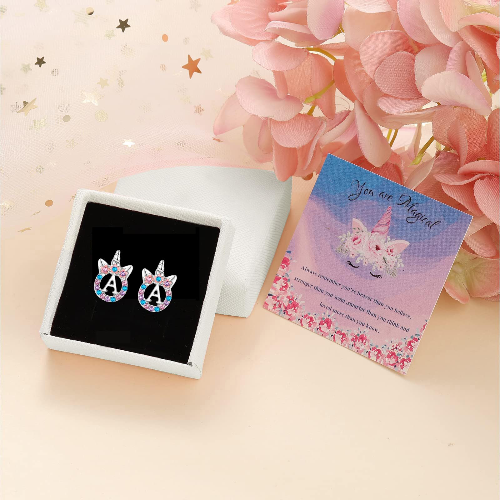 Rose Gold & Silver Initial Unicorn Stud Earrings for Girls - Hypoallergenic Rhinestone Letter Jewelry | Kids Toddler Gifts for Birthdays, Parties & Special Occasions